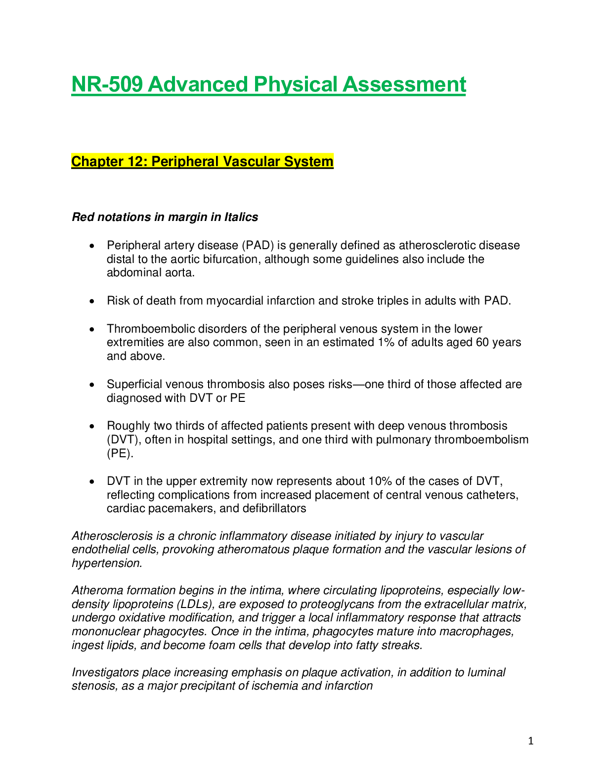 Preview image of NR509 / NR 509: Advanced Physical Assessment Week 4 Chapter 12 Notes - Peripheral Vascular System Latest Update Chamberlain College Of Nursing document